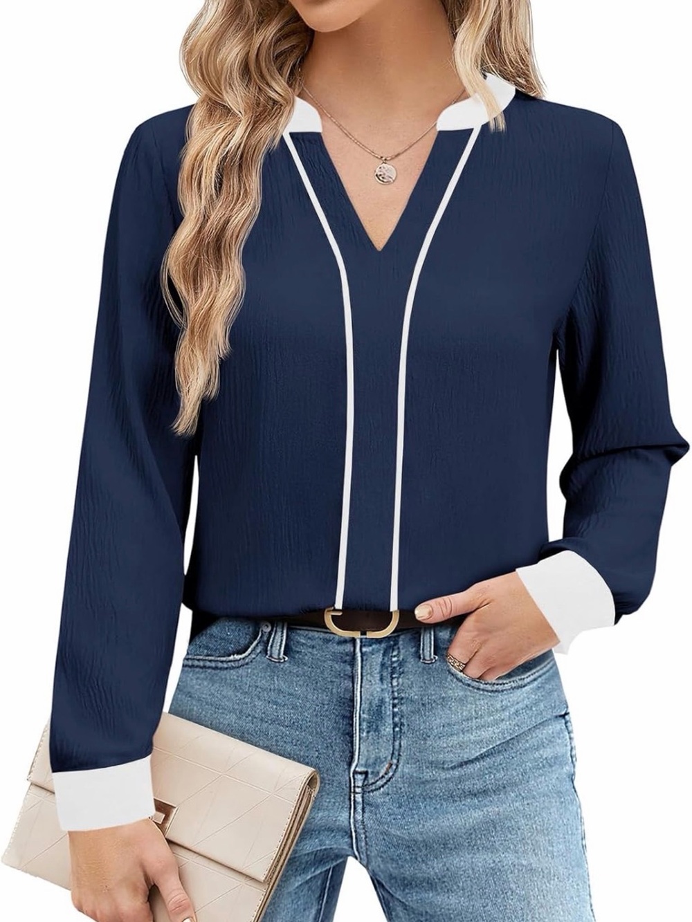 Womens Navy Contrast-Trim V-Neck Blouse
